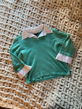 Notations Mint Green Layered-Look Sweater Top with White Collar